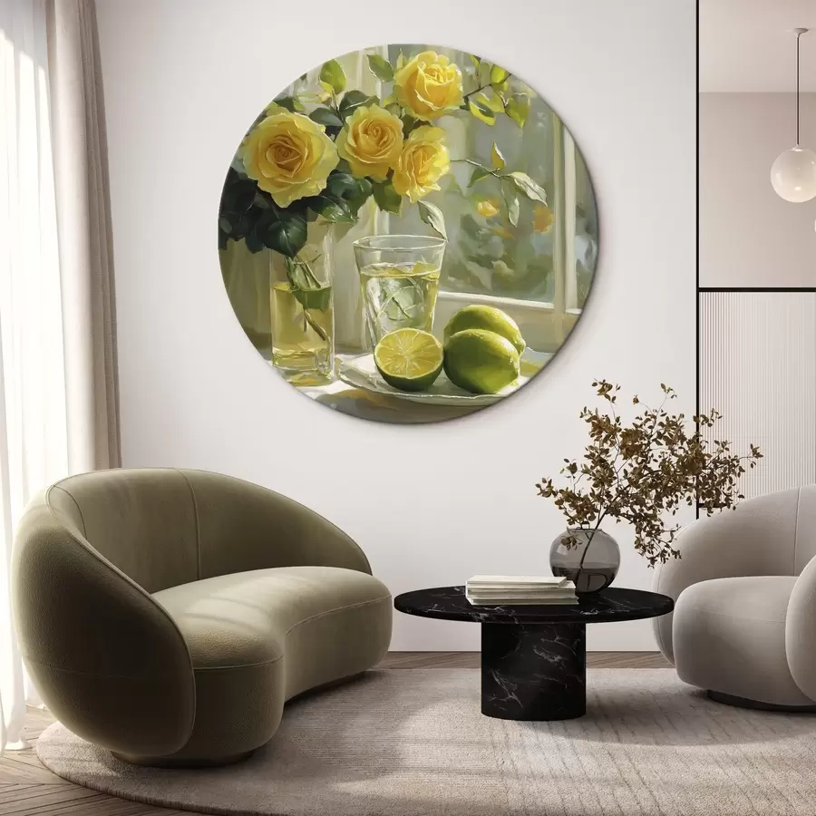 murales de pared Hermosas rosas amarillas en el jarrón cerca de la ventana, agua con limas r43886