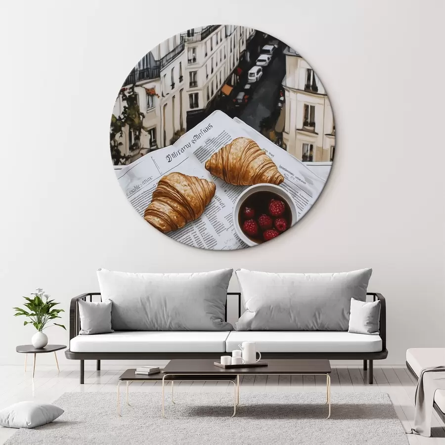 murales de pared Café de la mañana con croissants, calle de la ciudad, arquitectónico, estilo óleo r43891