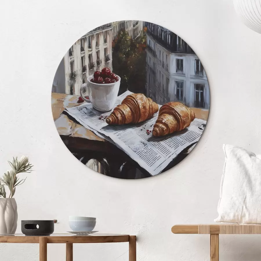 murales de pared París por la mañana, café con croissants, vista de la ciudad, dibujo al óleo r43892