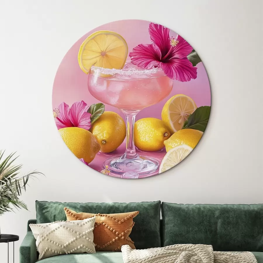 murales de pared Cóctel de verano con flores y limones, colores rosados, estilo acuarela r43895