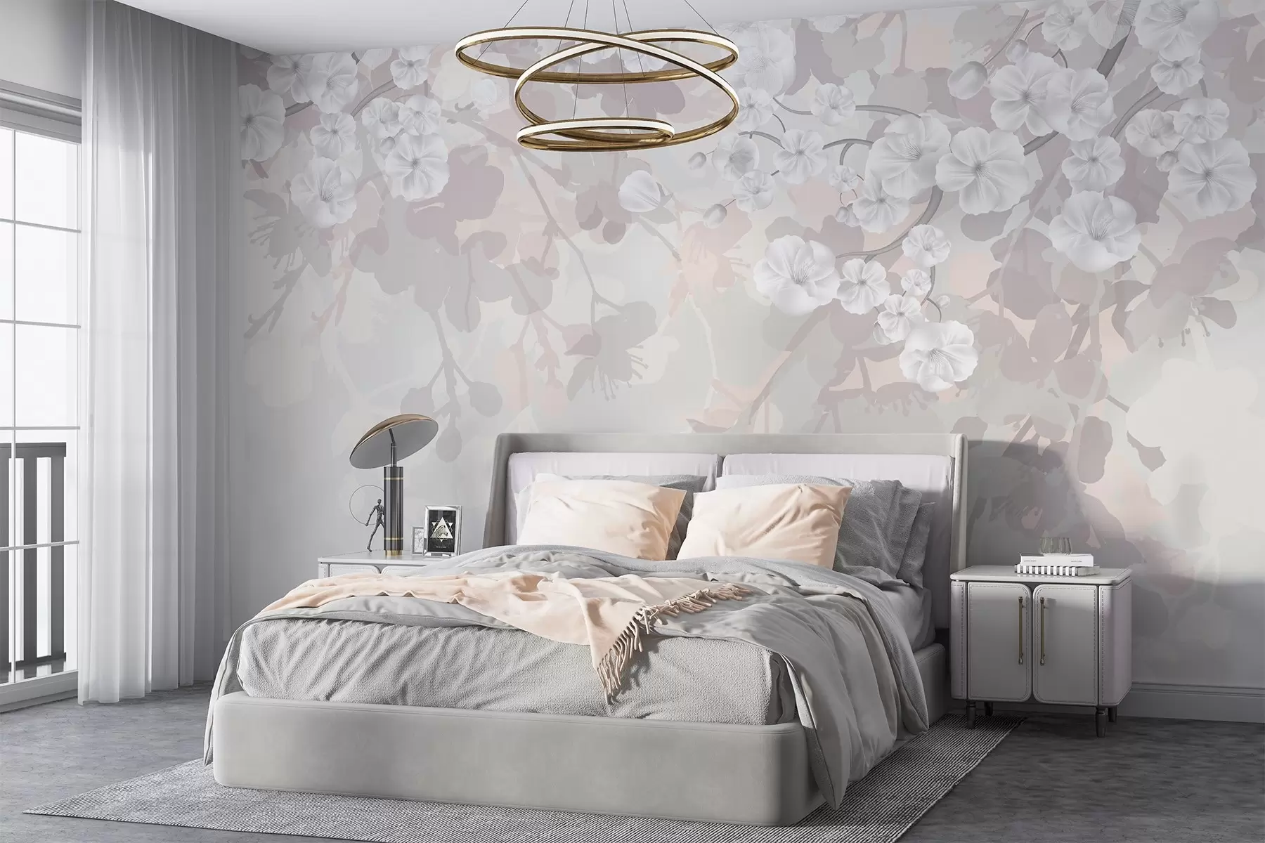 murales de pared Ramas de cerezo en flor con flores blancas y hojas grises, sobre elegantes siluetas florales en suaves colores pastel w08973v1