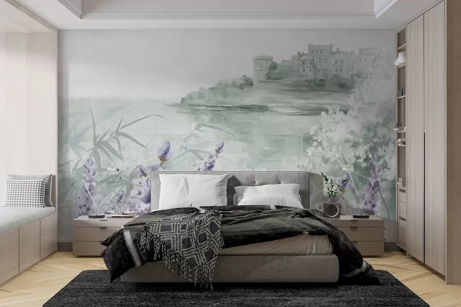 murales de pared Paisaje vintage texturizado con un castillo sobre un acantilado con vistas al mar, con flores de lavanda en colores apagados w08975