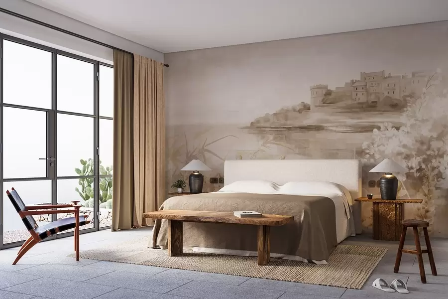 murales de pared Paisaje vintage texturizado con un castillo sobre un acantilado con vistas al mar, con flores de lavanda en colores apagados w08975v1