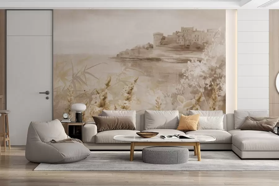 murales de pared Paisaje vintage texturizado con un castillo sobre un acantilado con vistas al mar, con flores de lavanda en colores apagados w08975v1