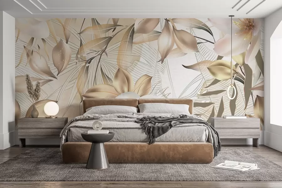 murales de pared Flores y hojas de jazmín, colores suaves, ilustración botánica, fondo floral , diseño elegante, pétalos delicados w08977