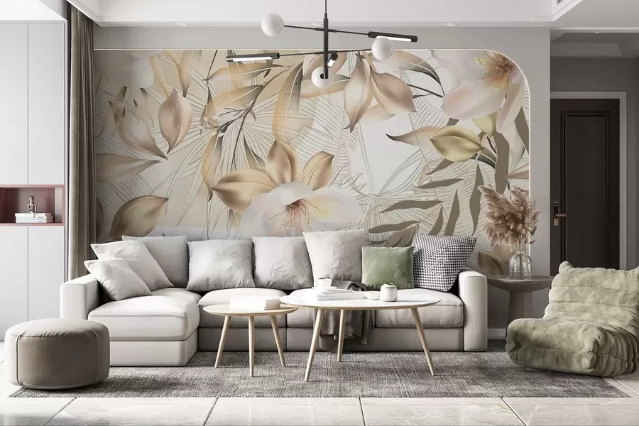 murales de pared Flores y hojas de jazmín, colores suaves, ilustración botánica, fondo floral , diseño elegante, pétalos delicados w08977