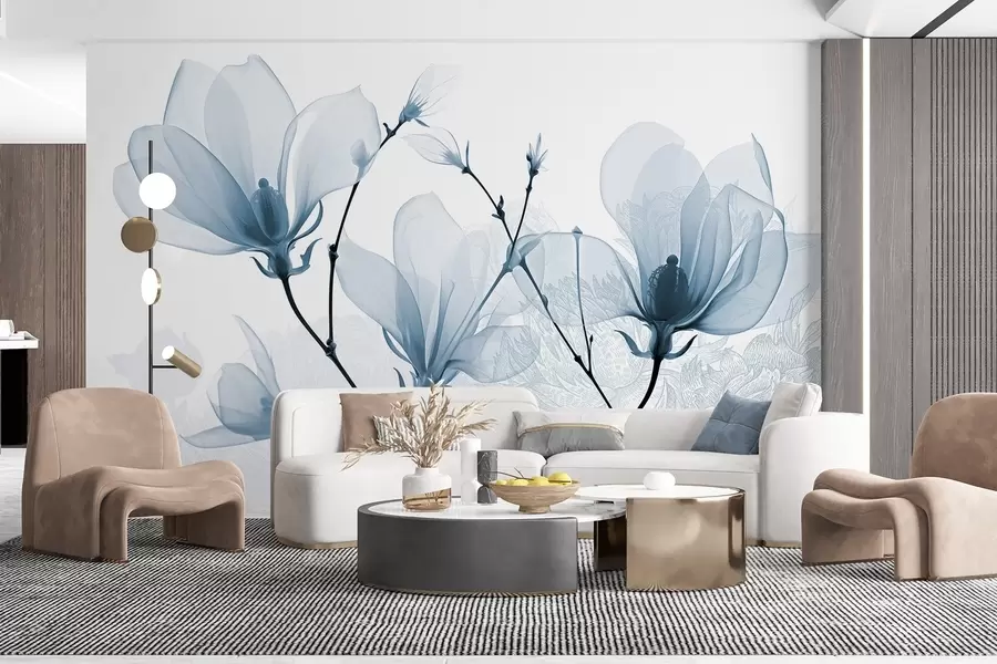 murales de pared Flores de magnolia azul translúcido con siluetas de flores de delicados pétalos y tallos oscuros w08978