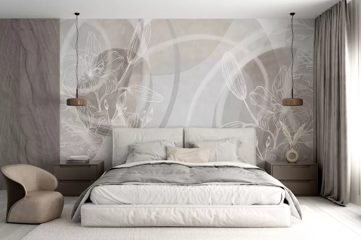 murales de pared Diseño floral minimalista con flores y hojas blancas, círculos abstractos superpuestos en tonos beige y azul w08979v1
