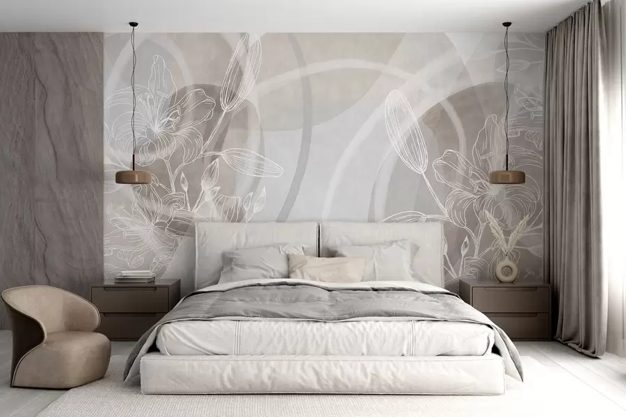 murales de pared Diseño floral minimalista con flores y hojas blancas, círculos abstractos superpuestos en tonos beige y azul w08979v1