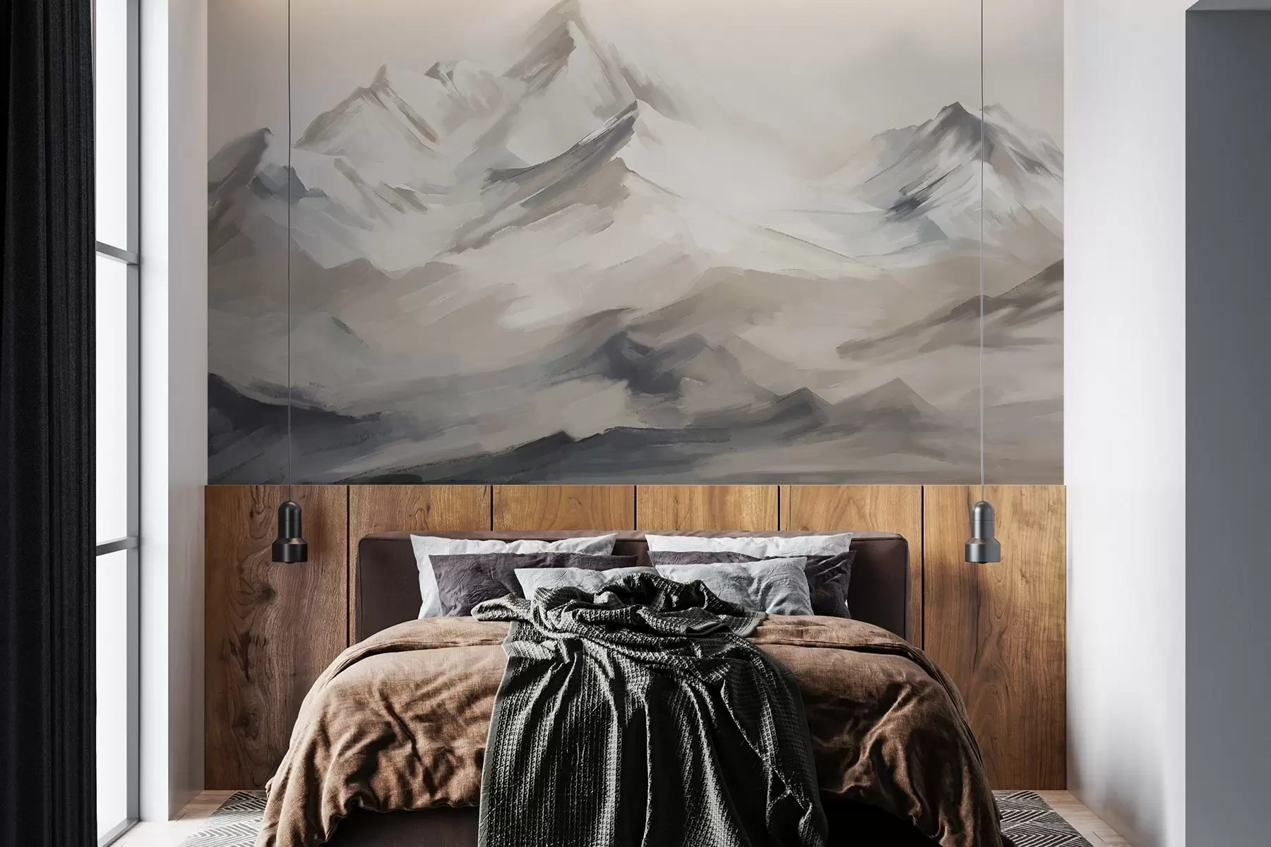 murales de pared Paisaje de montañas con cielo claro, pinceladas, colores neutros beige y gris, cordillera  w08980