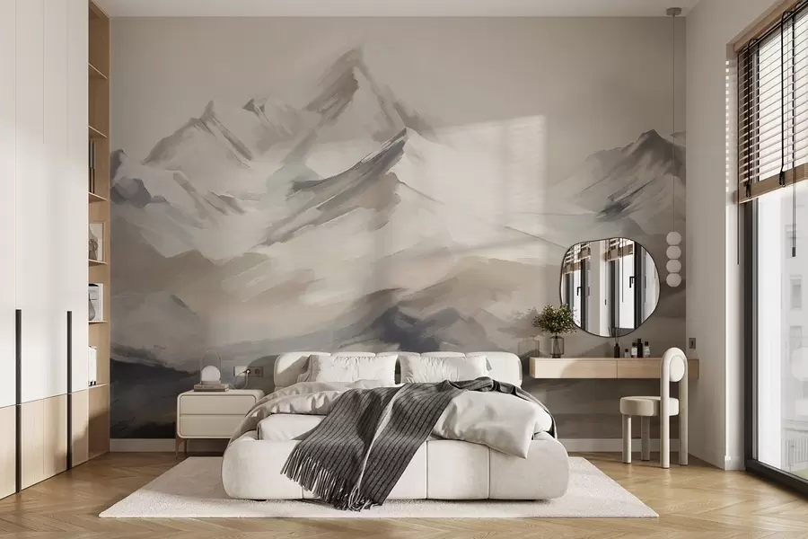 murales de pared Paisaje de montañas con cielo claro, pinceladas, colores neutros beige y gris, cordillera  w08980