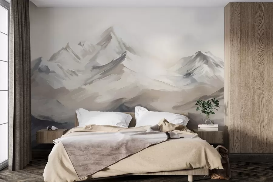 murales de pared Paisaje de montañas con cielo claro, pinceladas, colores neutros beige y gris, cordillera  w08980