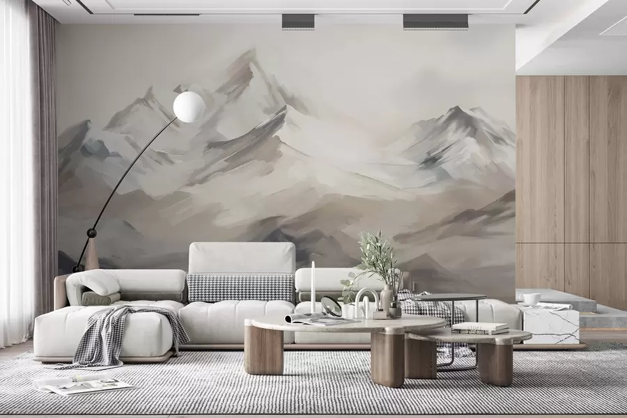 murales de pared Paisaje de montañas con cielo claro, pinceladas, colores neutros beige y gris, cordillera  w08980