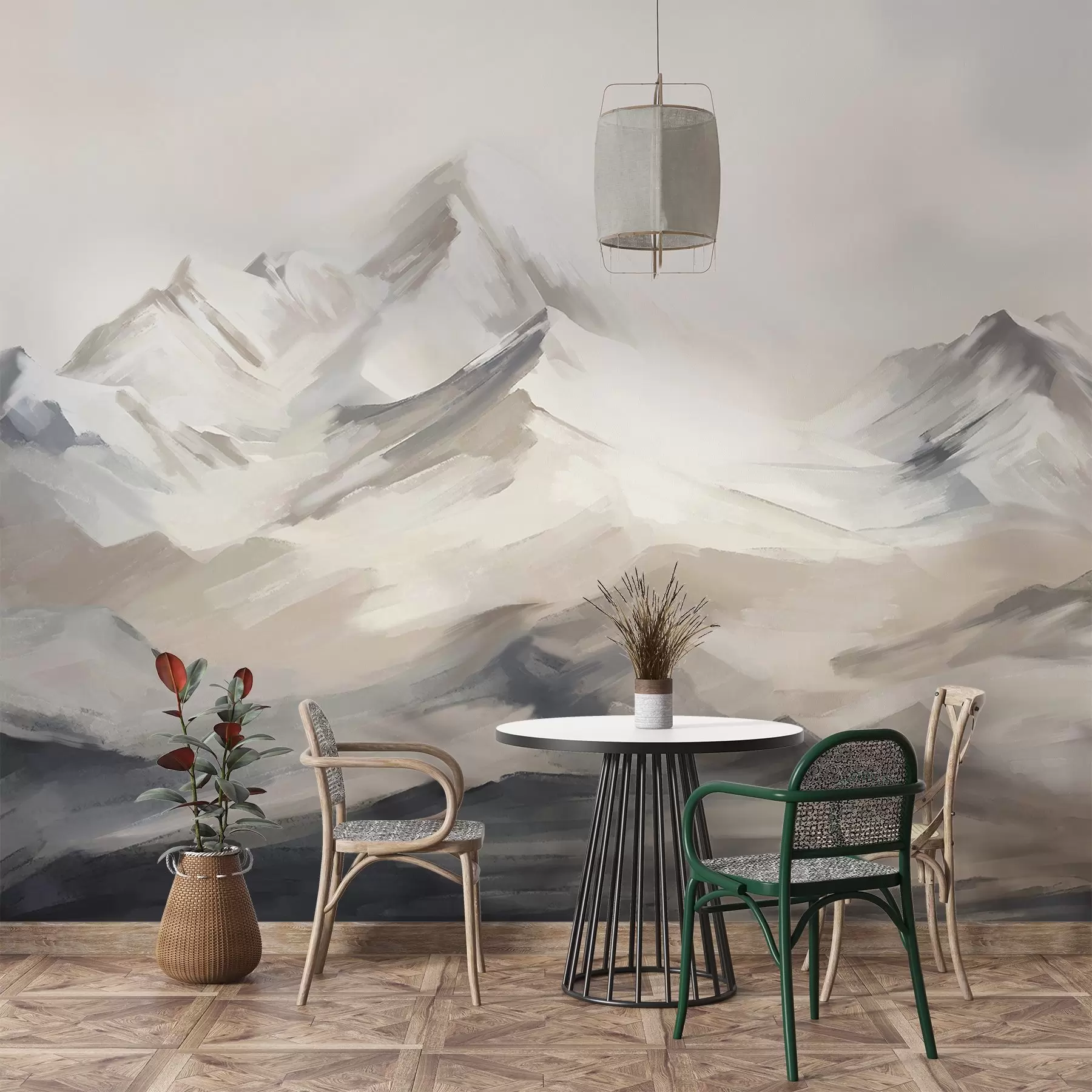 murales de pared Paisaje de montañas con cielo claro, pinceladas, colores neutros beige y gris, cordillera  w08980