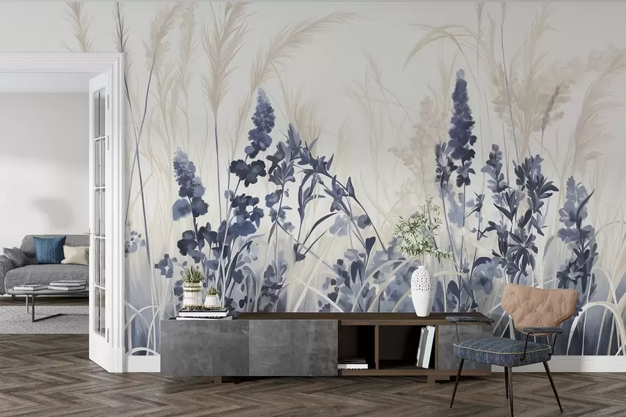 murales de pared Flores azules y juncos beige en un campo, textura de pintura minimalista, fondo claro, colores suaves, pinceladas delicadas  w08982