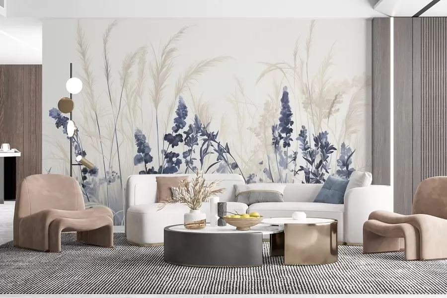 murales de pared Flores azules y juncos beige en un campo, textura de pintura minimalista, fondo claro, colores suaves, pinceladas delicadas  w08982