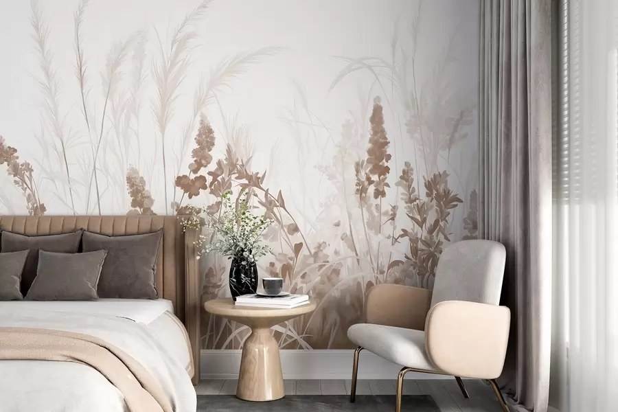 murales de pared Flores marrones y juncos beige en un campo, textura de pintura minimalista, fondo claro, colores suaves, pinceladas delicadas  w08982v1