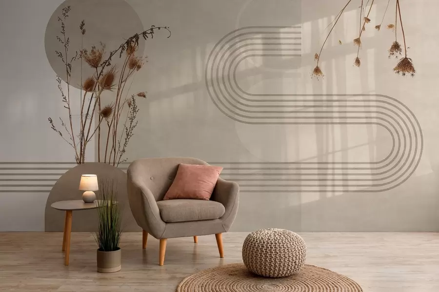 murales de pared geometría elegante y flores secas en tonos beige w03449