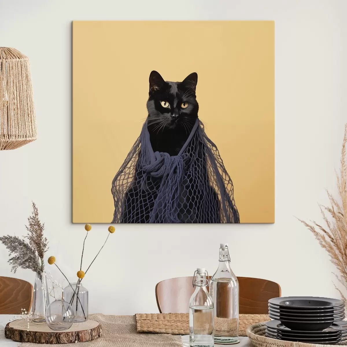 murales de pared Gato negro en una red s43959