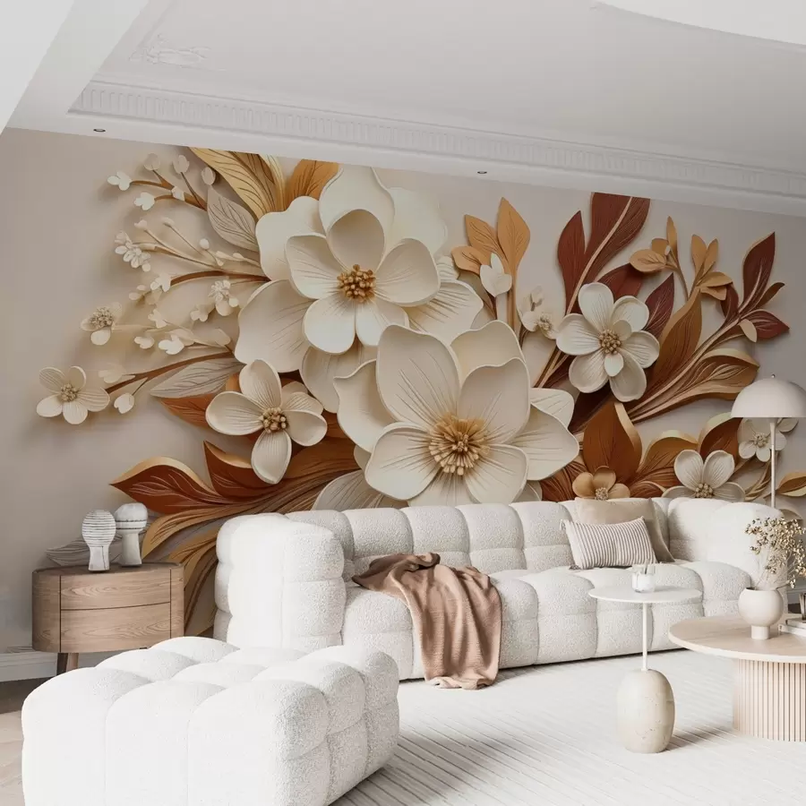 murales de pared flores 3D con hojas en estilo origami en tonos beige w08984