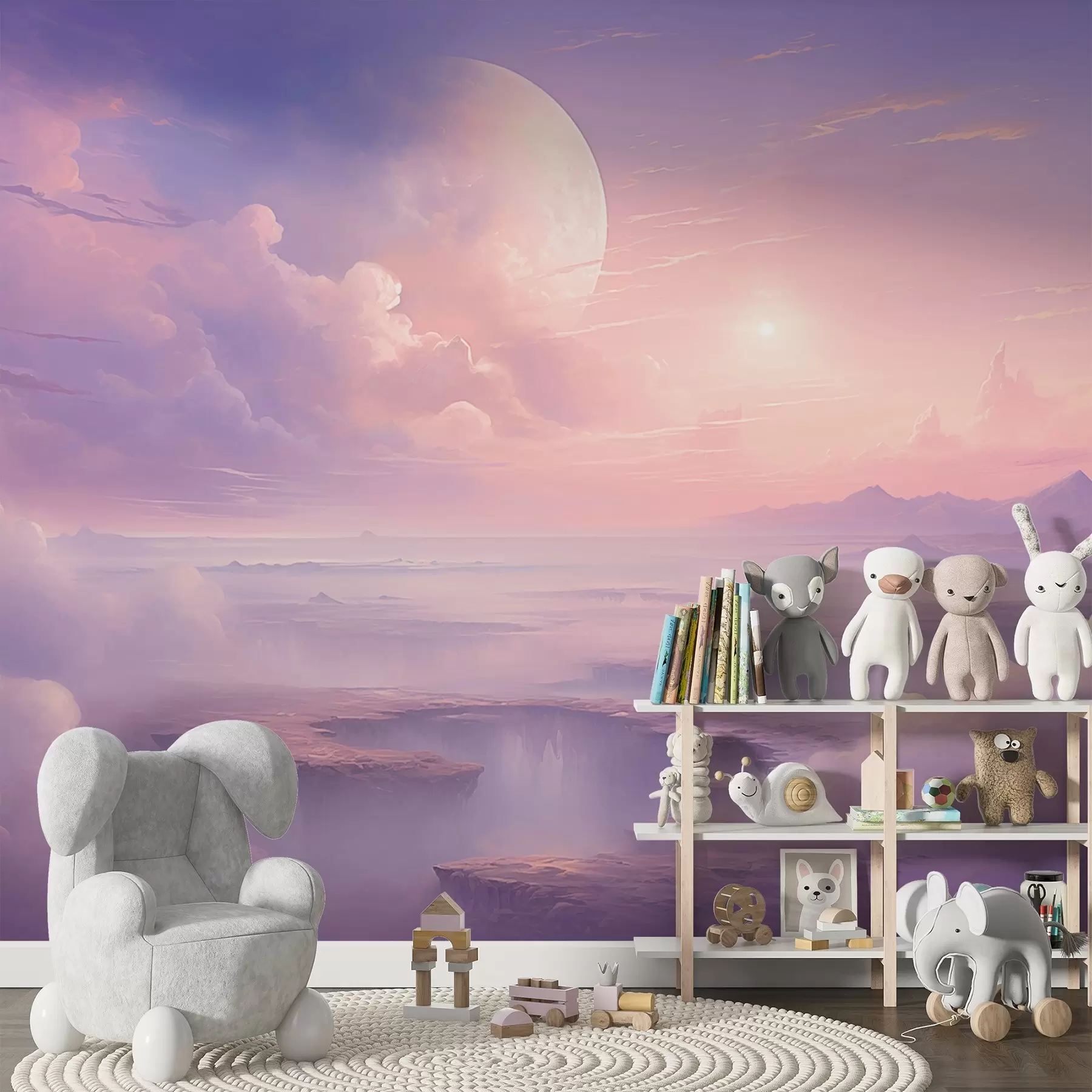 murales de pared Cielo mágico rosa púrpura con la luna y las nubes w08986