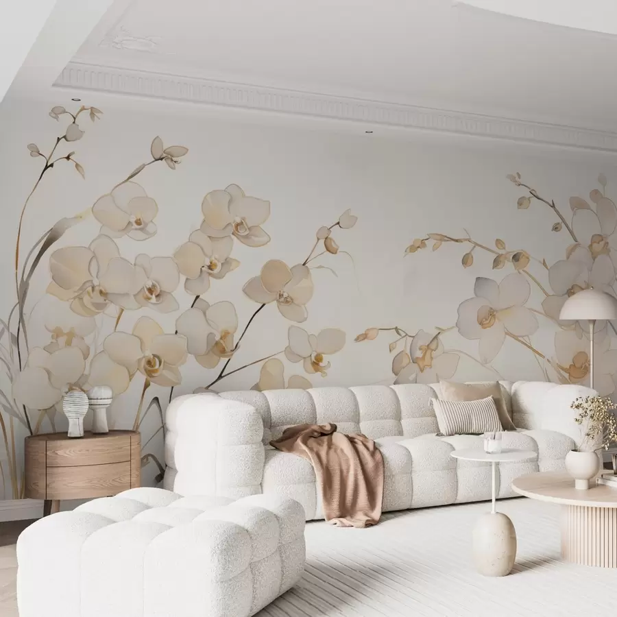 murales de pared Orquídeas beige creciendo a los lados en el agua en estilo acuarela w08998