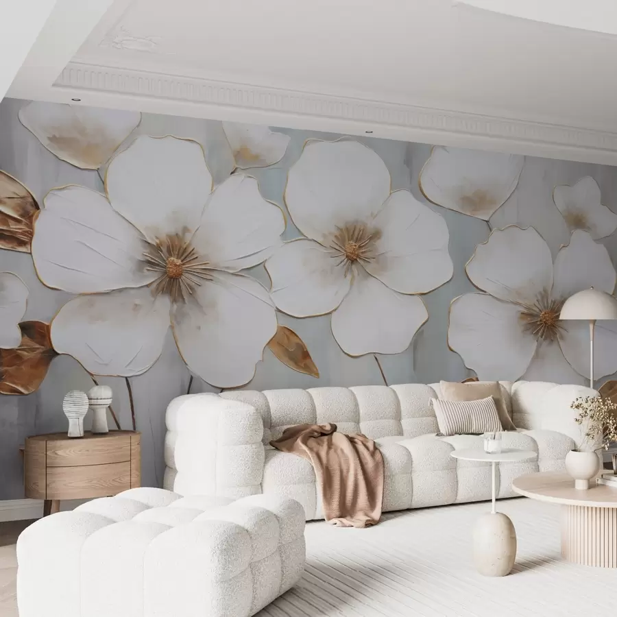 murales de pared Grandes flores blancas con hojas amarillas sobre fondo gris w08999