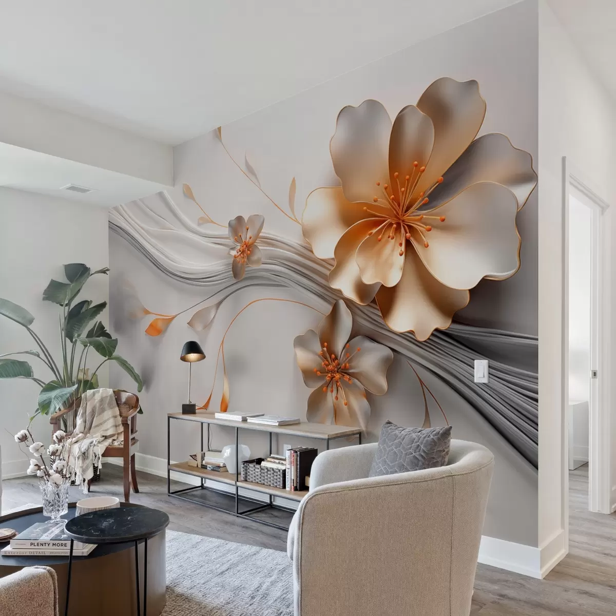 murales de pared Una flor naranja sobre un fondo abstracto gris w09004