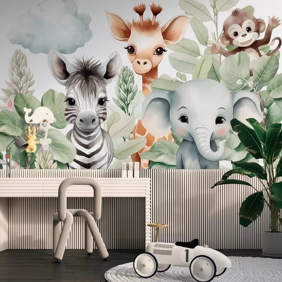 murales de pared Jirafa, cebra, elefante y mono entre el follaje w03677