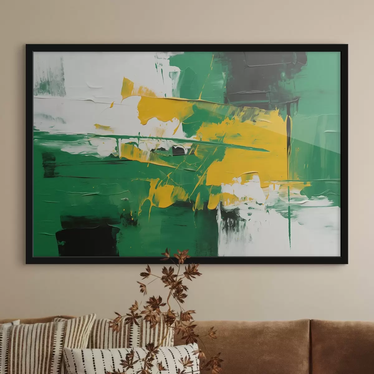 Poster Pintura al óleo abstracta en colores blanco, verde y amarillo al estilo de la pintura al óleo f43944