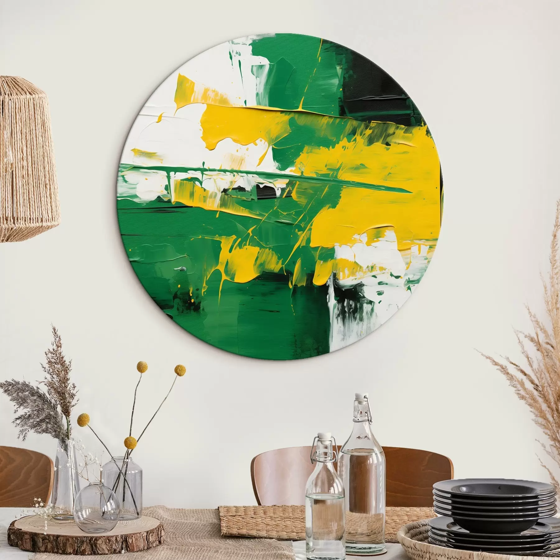 murales de pared Pintura al óleo abstracta en colores blanco, verde y amarillo al estilo de la pintura al óleo r43944