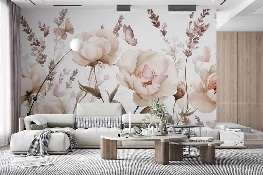murales de pared Pradera de flores, peonías, lavanda, mariposas, estilo acuarela, colores beige w03668v2