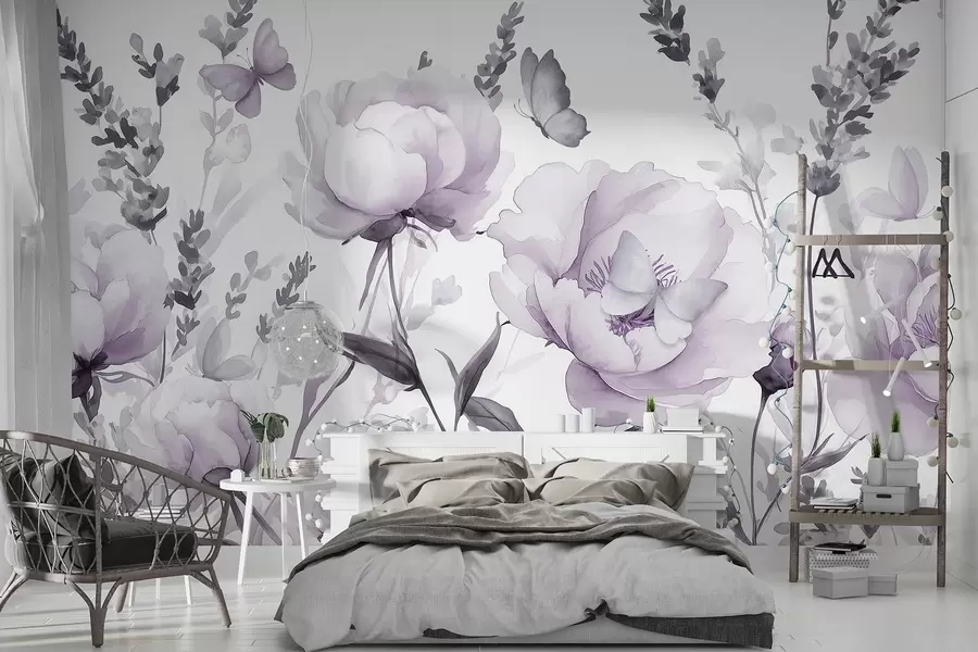 murales de pared Pradera de flores, peonías, lavanda, mariposas, estilo acuarela, colores de pupas w03668v3