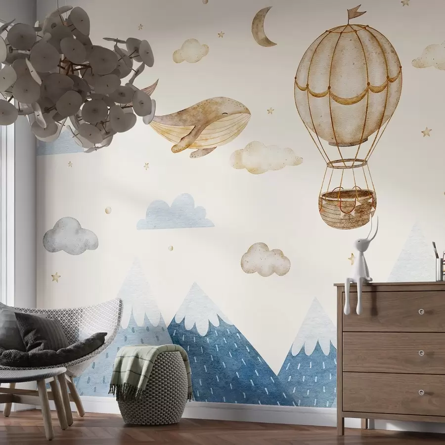 murales de pared Globo de aire, linda ballena, cielo estrellado, montañas, acuarela, colores azul y beige w03672