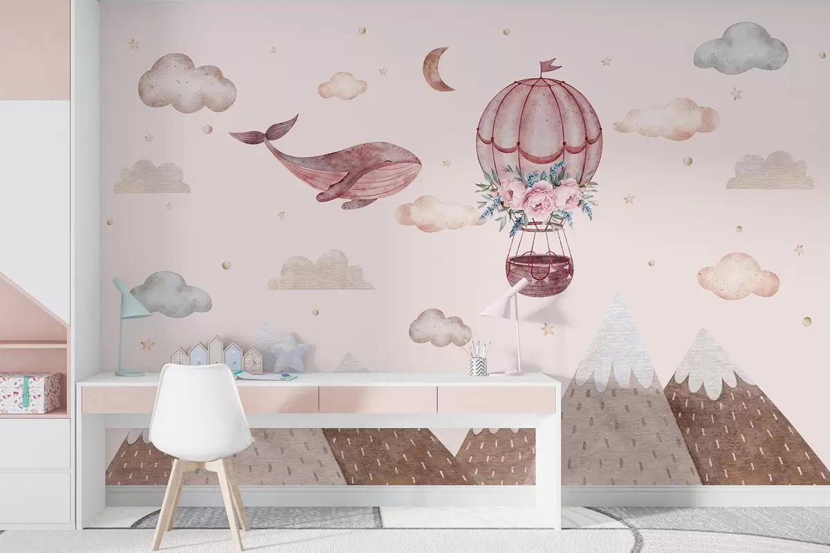 murales de pared Ballena linda con globo de aire, cielo con nubes, montañas, estilo acuarela, colores rosados w03673