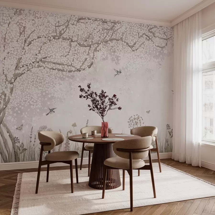 murales de pared Árbol en flor con flores silvestres y pájaros w03700