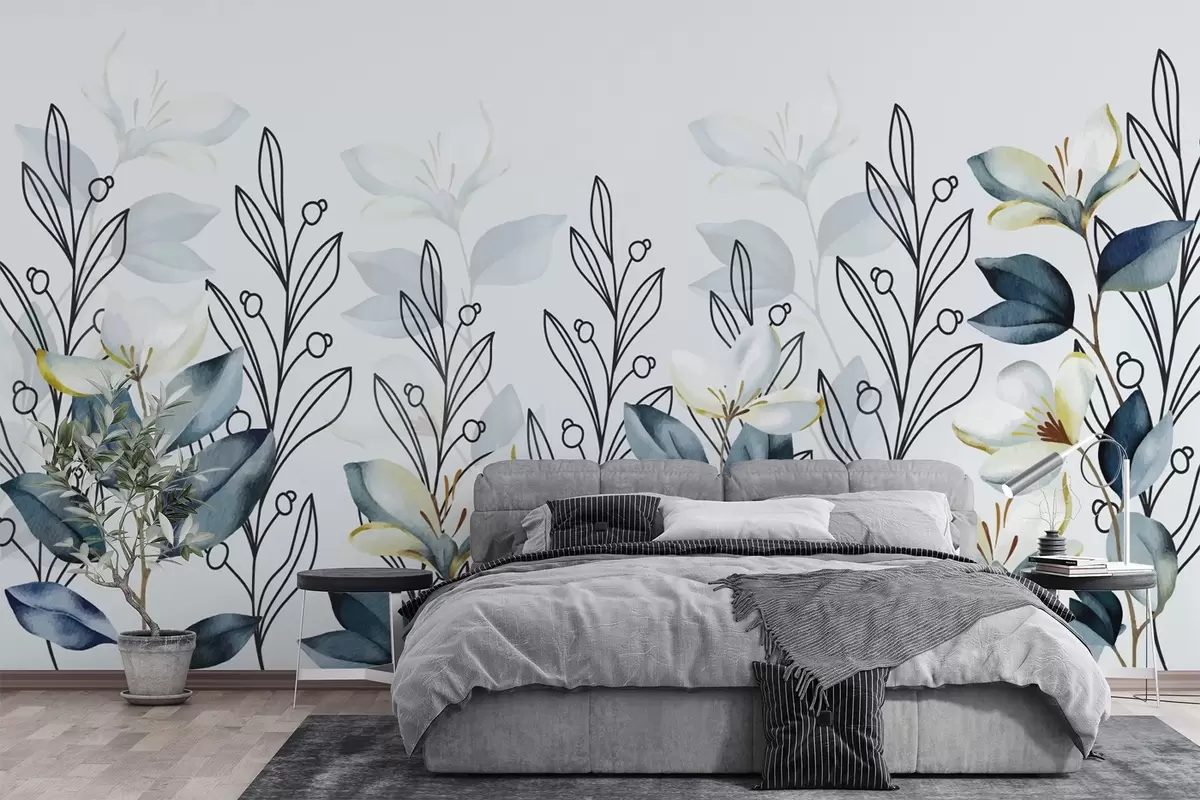 murales de pared Ramitas y ramas pintadas con flores blancas w03710
