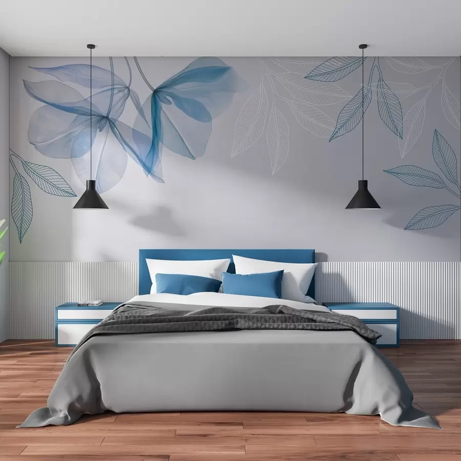 murales de pared delicadas flores y hojas translúcidas en tonos azules w03616