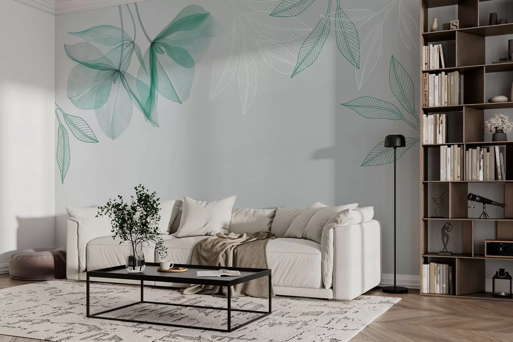 murales de pared delicadas flores y hojas translúcidas en tonos verdes w03616v1