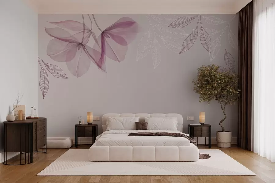 murales de pared delicadas flores y hojas translúcidas en tonos morados w03616v4