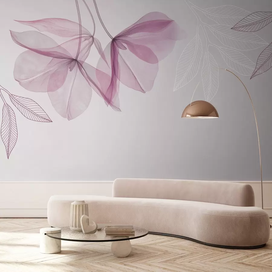 murales de pared delicadas flores y hojas translúcidas en tonos morados w03616v4