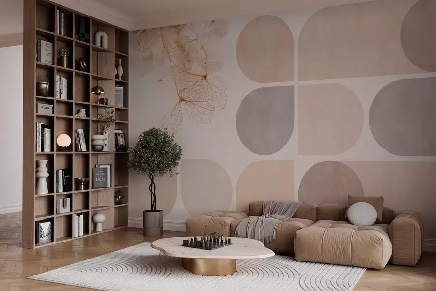 murales de pared geometría y flores secas con vetas en tonos beige w03617