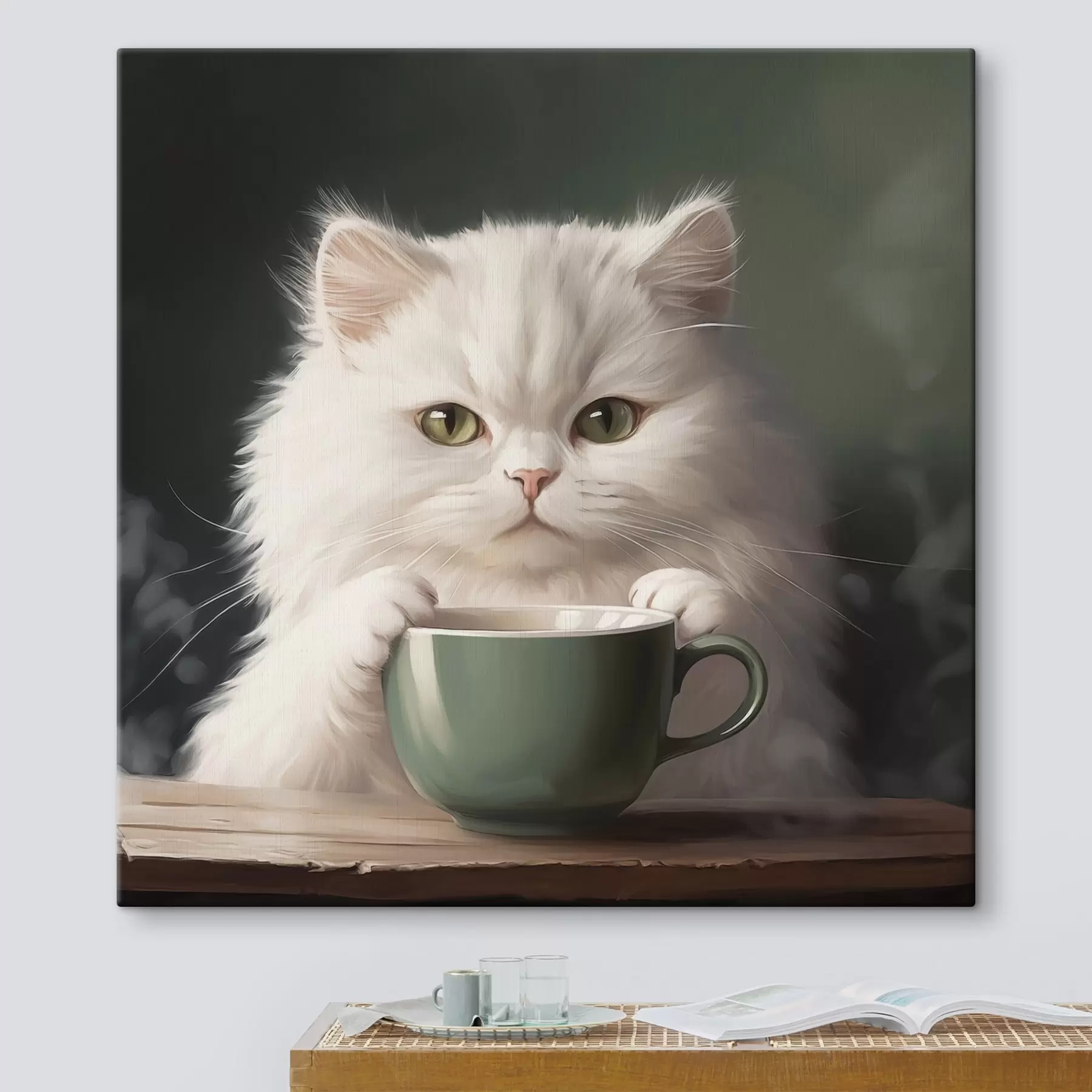 murales de pared Gato blanco con copa verde s44032