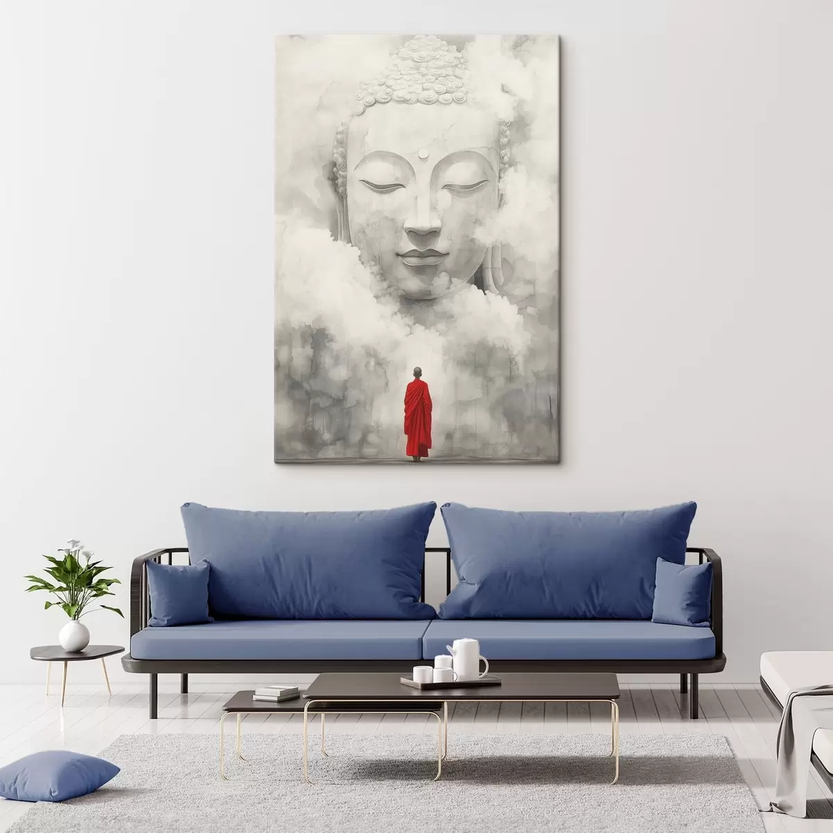 murales de pared Budismo, monje de la túnica roja, niebla, estilo acuarela s44007