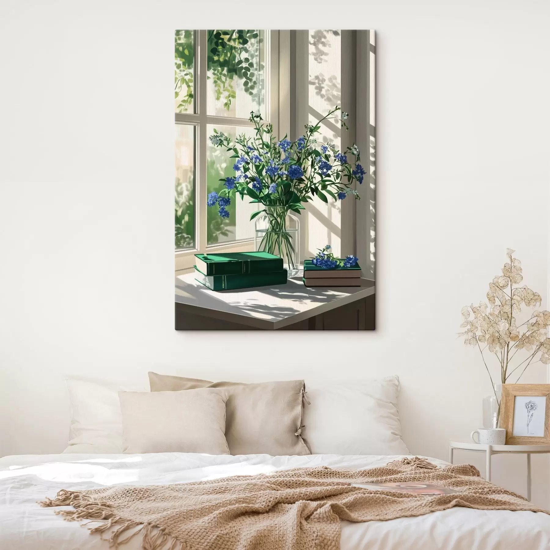 murales de pared Libros y flores moradas en el jarrón del alféizar, vegetación s44008