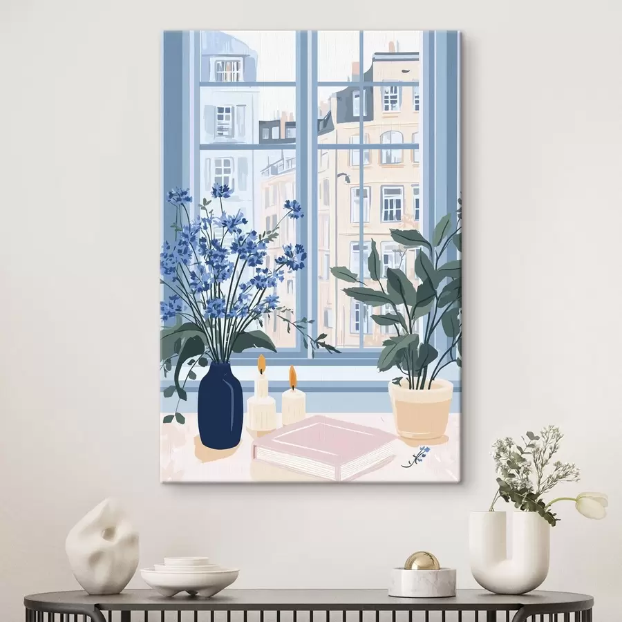 murales de pared Acogedora casa con flores y vista a la ventana, arquitectura, colores azules s44010