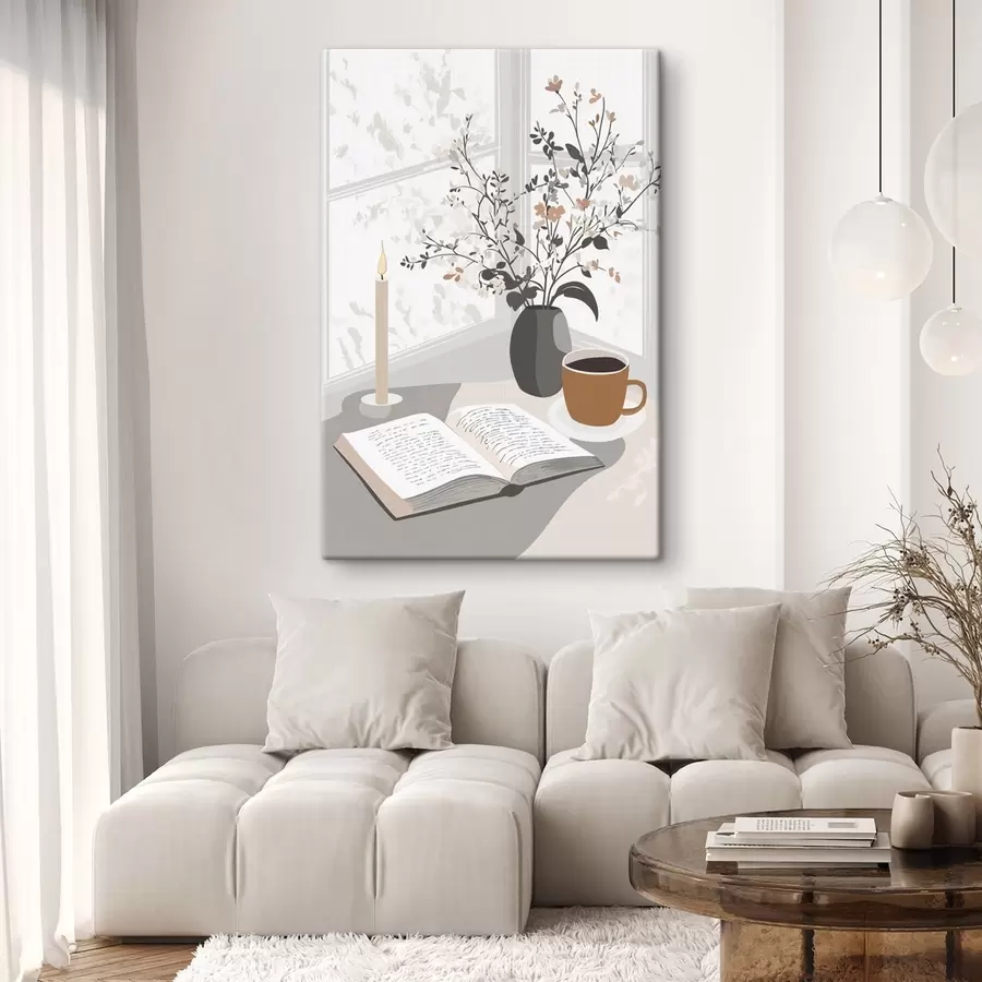 murales de pared Abstracción, libro abierto, jarrón con flores, vela, colores beige s44011