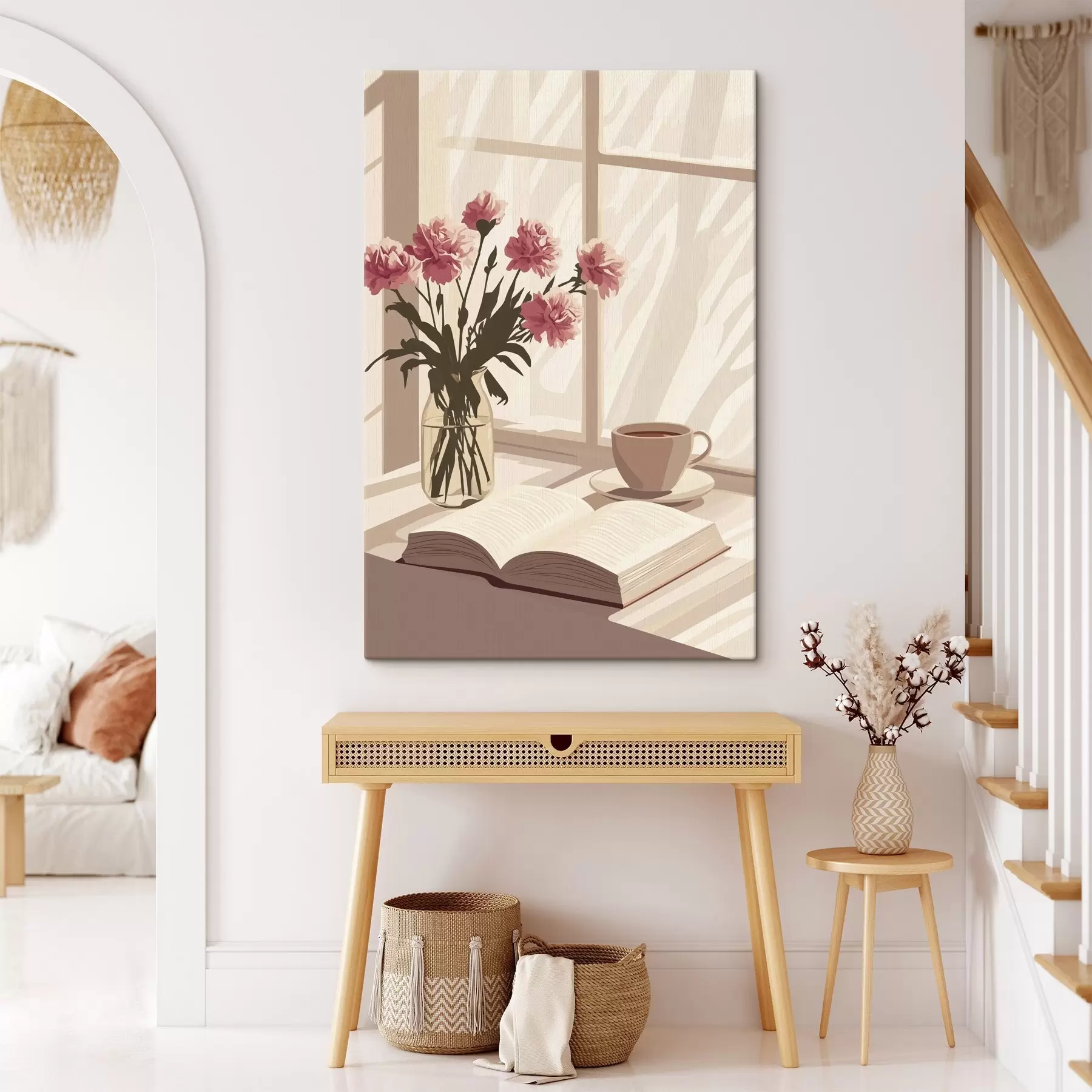 murales de pared Estética matinal, taza de café, libro, flores de clavel s44012