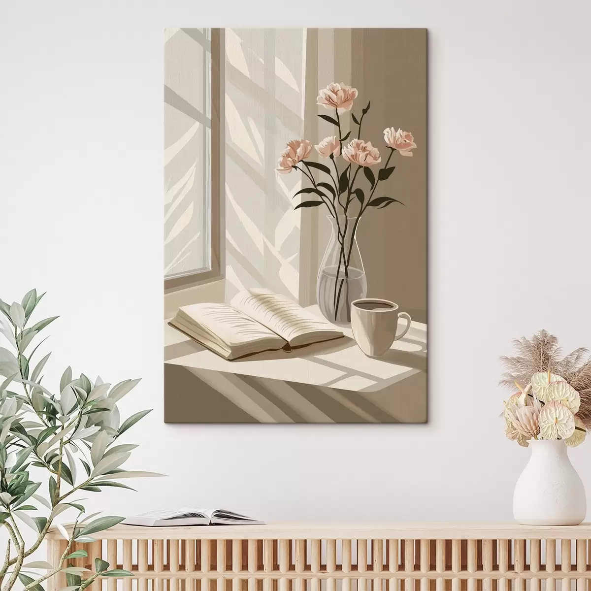 murales de pared Mañana acogedora con café y libro, flores rosas, abstracción s44013