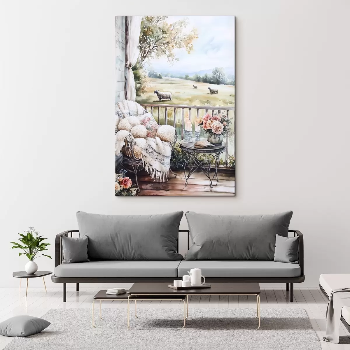 murales de pared Granja de campo con ovejas, campos, flores rústicas, estilo acuarela s44014